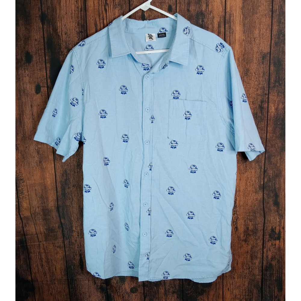 Pabst Blue Ribbon PBR Beer Logo Shirt Mens XL Blue Short Sleeve Button Down